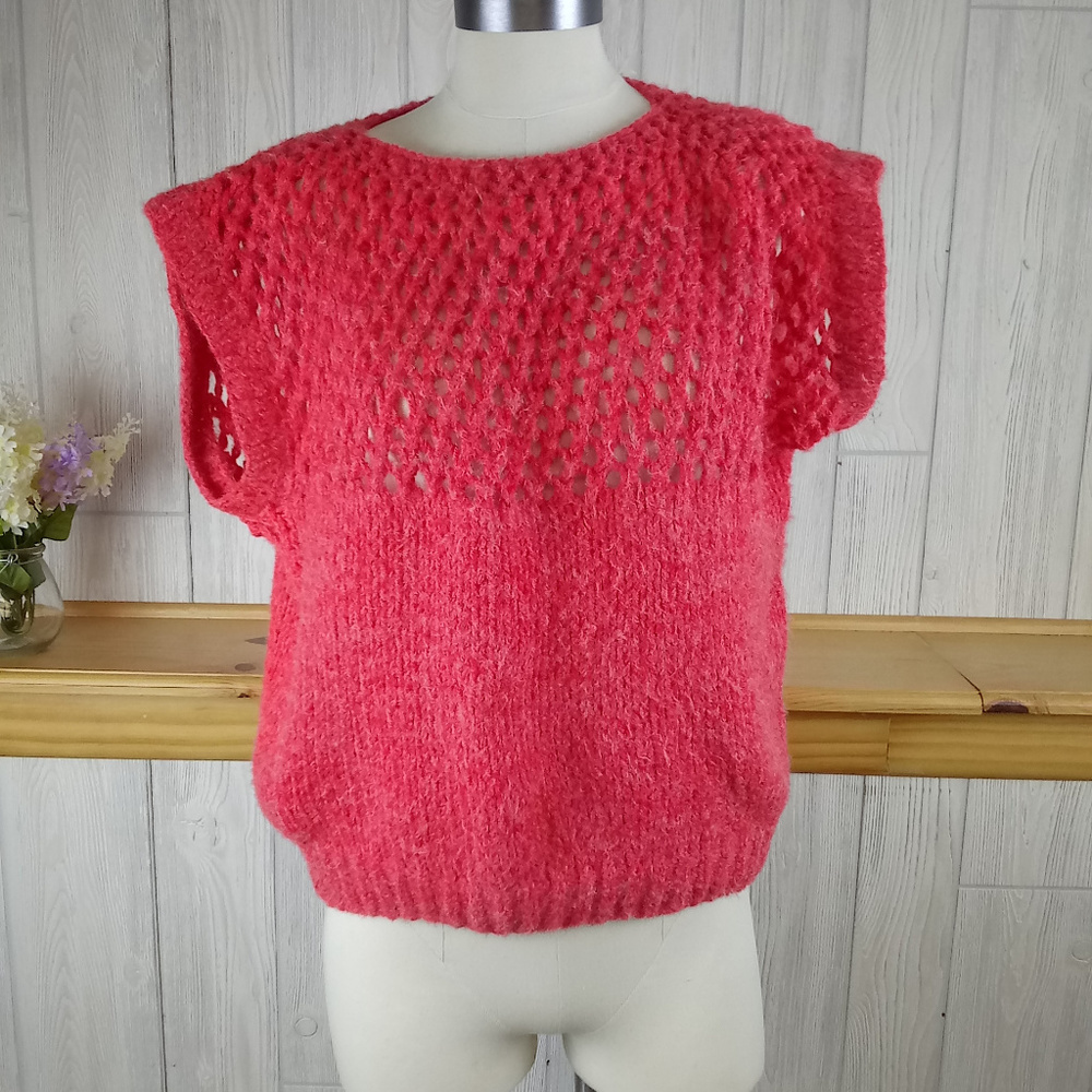 Vintage Coral Open-Knit Scoop Neck Sweater